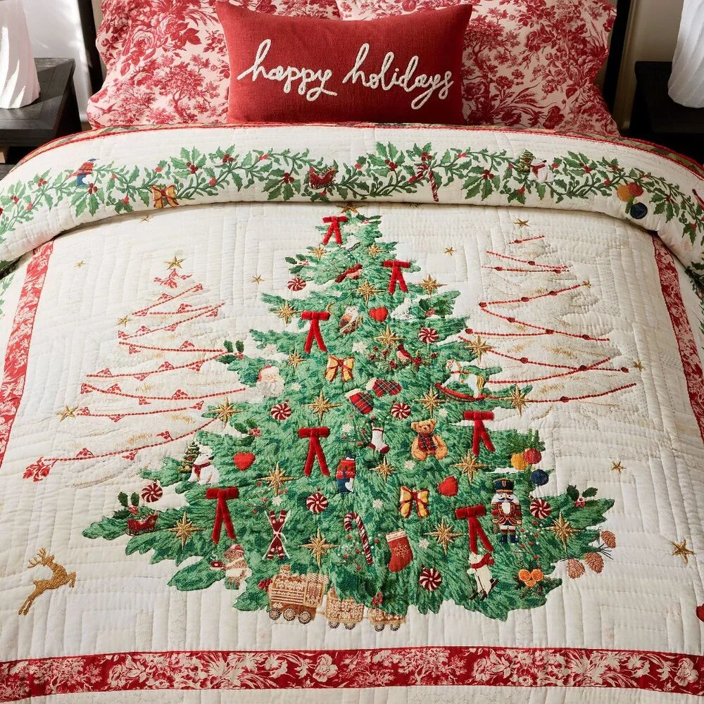 Pottery Barn Deck the Halls Christmas Tree Reversible Quilt Full Queen NWT